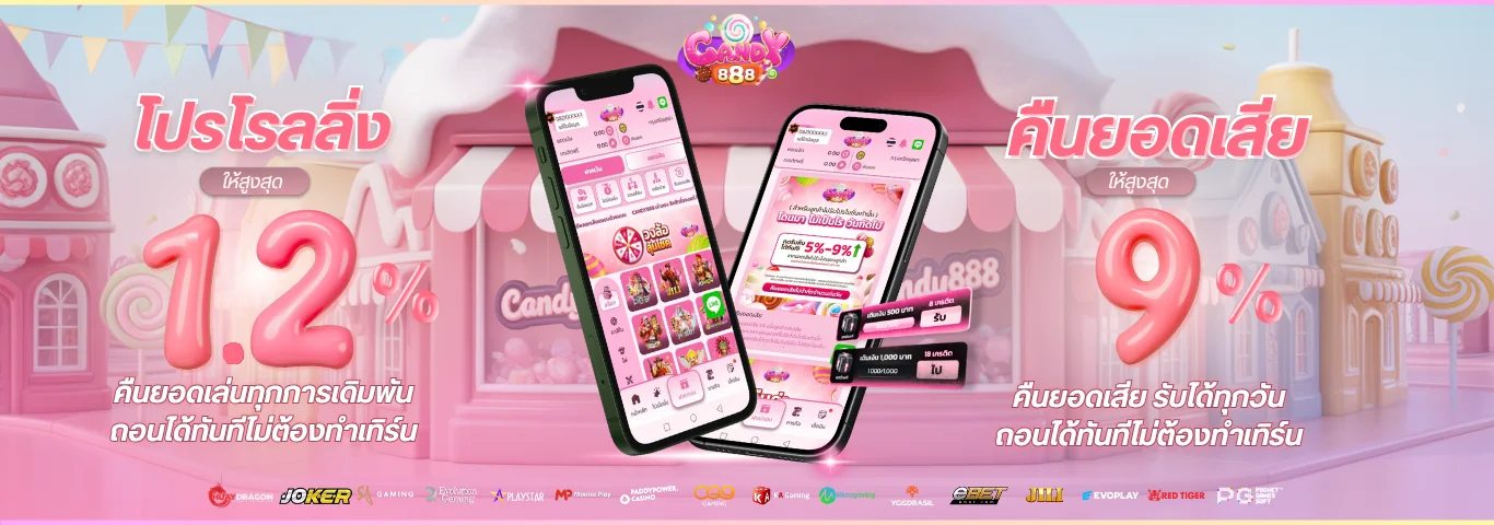 แบนเนอร์หน้าแรก แคนดี้888 เว็บสล็อตและบาคาร่าออนไลน์